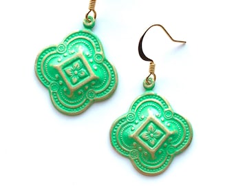 Hand Painted Green Boho Dangle Earrings | Elegant Green Drop Earrings | Green Boho Jewelry