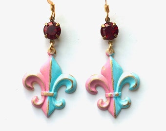 OOAK Hand Painted Fleur De Lis Earrings - Dangle Earrings - French Earrings - French Jewelry - Shabby Chic - Romantic Earring - Drop Earring