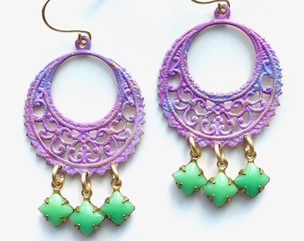 Chandelier Earrings - Hand Painted Boho Earrings - Purple Earrings - Filigree Earrings - Lilac Earrings - Romantic Jewelry - Dangle Earrings