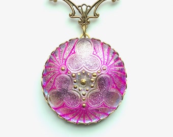 Czech Glass Necklace | Pink Glass Pendant | Glass Button Jewelry | Romantic Jewelry | Purple Necklace | Gifts for Her