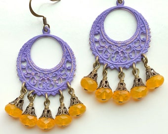 Chandelier Earrings - Filigree Earrings - Purple Dangle Earrings - Boho Earrings - Romantic Jewelry - Boho Jewelry - Hand Painted Jewelry