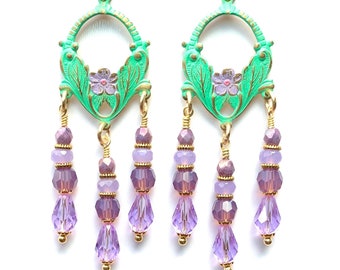 Handmade Purple Boho Chandelier Earrings | Dangly Purple Boho Earrings | Purple Beaded Earrings | Romantic Earrings