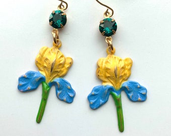 Hand Painted Iris Flower Earrings | Flower Drop Earrings | Iris Flower Jewelry | Botanical Jewelry for Her | Blue and Yellow Earrings