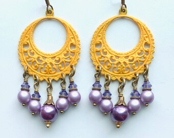 Hand Painted Boho Chandelier Earrings | Dangly Beaded Bohemian Earrings | Mustard Yellow and Purple Earrings