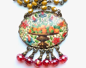 Handmade Florentine Style Glass Necklace | Botanical Glass Cameo Necklace | Bohemian Floral Jewelry