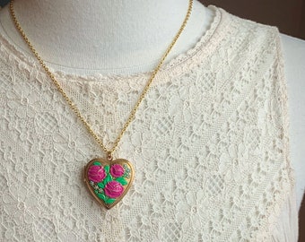 Vintage Heart Locket Necklace | Valentine's Day Jewelry for Women | Hand Painted Jewelry | Gift for Mom