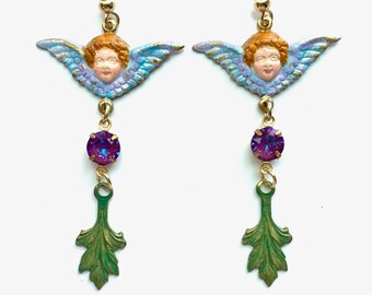 Hand Painted Victorian Angel Earrings | Delicate Angel Drop Earrings | Victorian Jewelry | Cherub Jewelry | Angel Jewelry | Romantic Jewelry