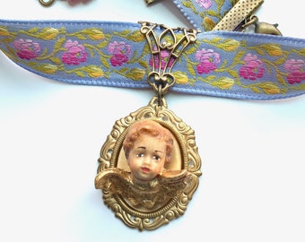 Victorian Choker Necklace | Embroidered Ribbon Choker | Cherub Necklace | Angel Jewelry | Cherub Jewelry | Vintage Style Jewelry