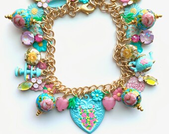 Hand Painted Charm Bracelet | One of a Kind Bracelet | Pastel Jewelry | Tea Lover Gift |  Bracelet with Charms | Girl's Charm Bracelet