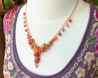 One of a Kind Vibrant Sunrise Crystal Beaded Necklace for Women | Colourful Beaded Cluster Necklace