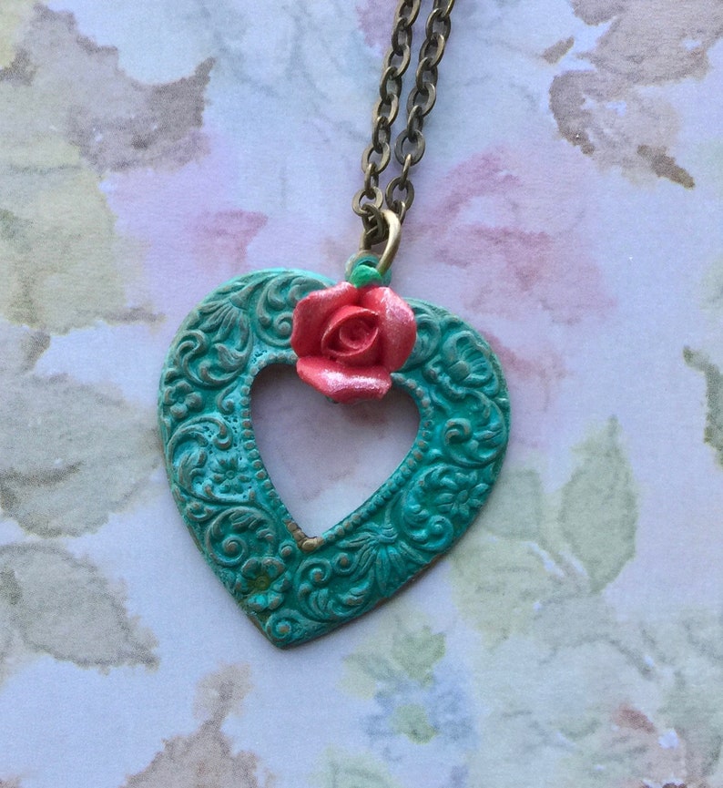 Heart Jewelry Vintage Style Victorian Jewelry Romantic Necklace Heart Necklace Romantic Jewelry Heart Pendant Patina Jewelry