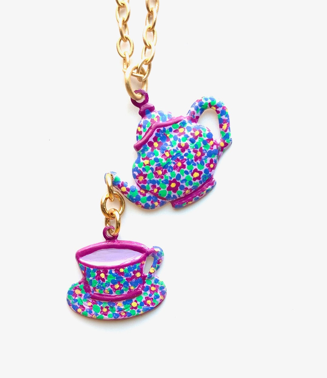 Teapot Necklace Hand Painted Teacup Pendant One of a Kind Etsy.de