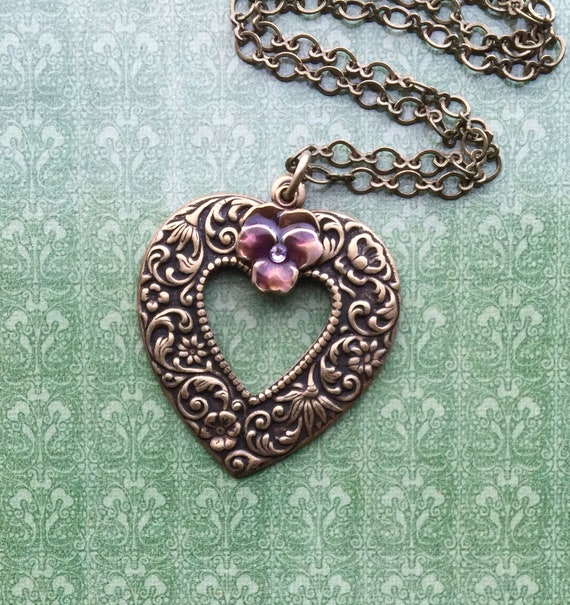 Heart Jewelry Vintage Style Victorian Jewelry Romantic Necklace Heart Necklace Romantic Jewelry Heart Pendant Patina Jewelry