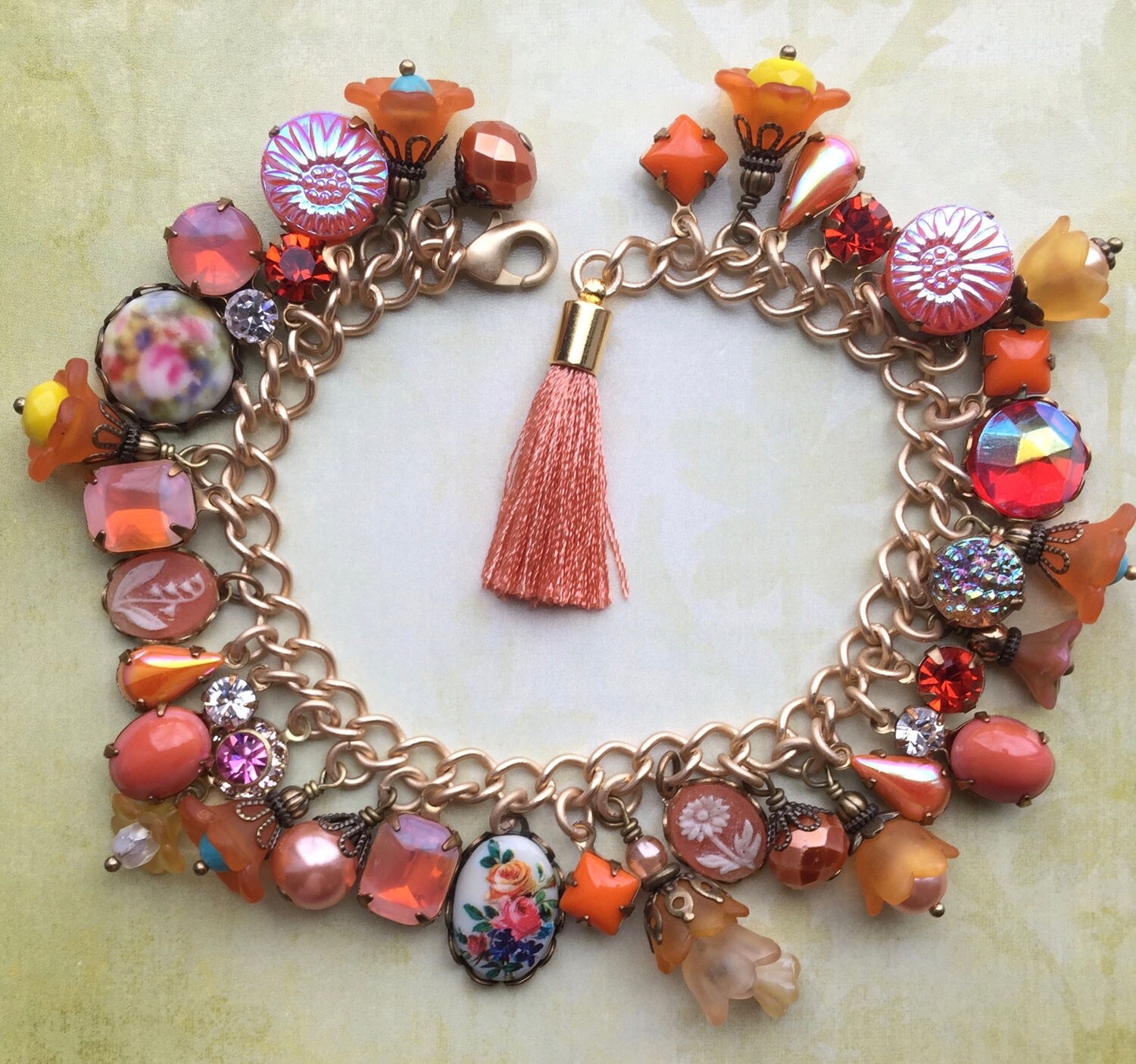 Charm Bracelet Orange Bracelet Orange Jewelry Rhinestone Etsy