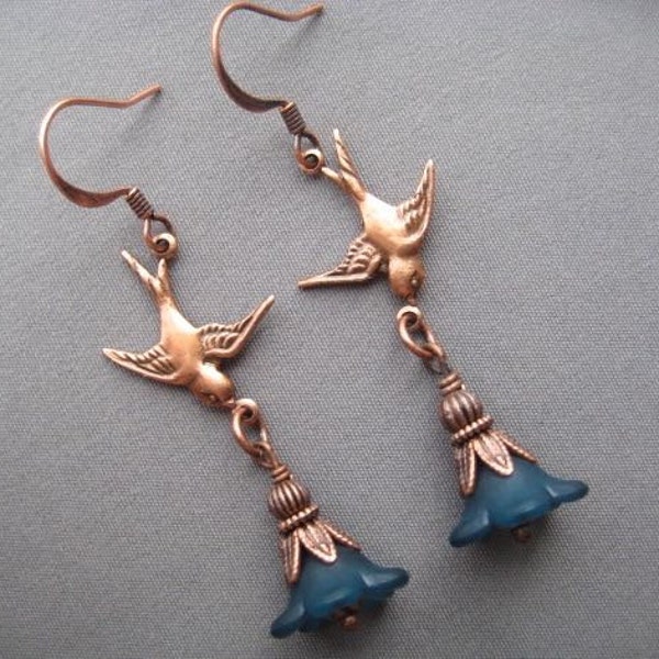 Victorian Bird Earrings - Lovebird Jewelry - Teal Flower Earrings - Lovebird Earrings - Teal Earrings - Victorian Earrings - Copper Earrings