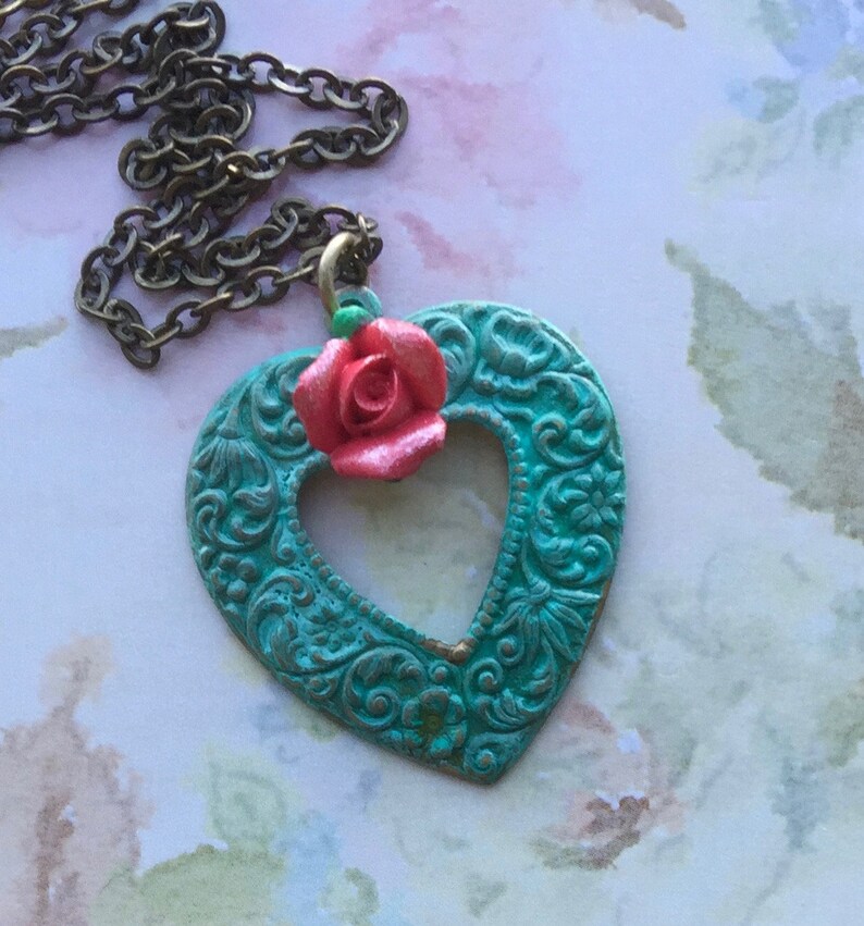 Heart Jewelry Vintage Style Victorian Jewelry Romantic Necklace Heart Necklace Romantic Jewelry Heart Pendant Patina Jewelry