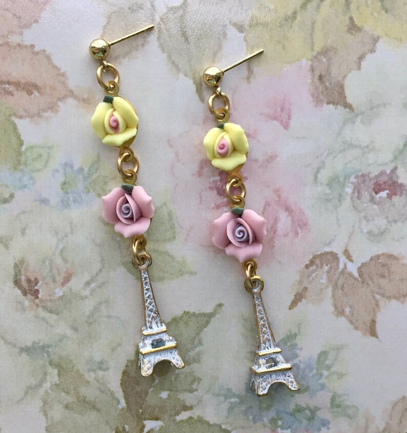 Shabby Chic Porcelain Rose Earrings French Earrings Drop Earrings French Chic Roses Dangle Earrings Eiffel Tower Earrings