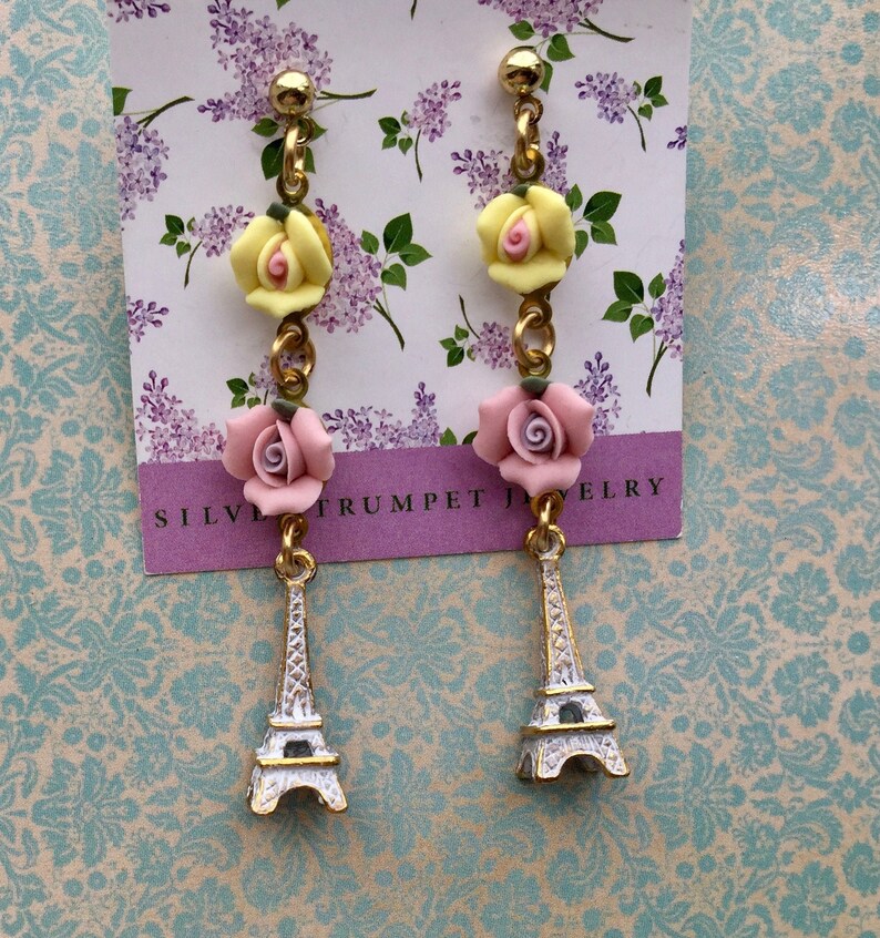 Shabby Chic Porcelain Rose Earrings French Earrings Drop Earrings French Chic Roses Dangle Earrings Eiffel Tower Earrings
