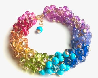 Multi Gemstone Cluster Bracelet, Rainbow Gemstone Jewelry, Sapphire Jewelry, Rainbow Jewelry, Real Gemstone Bracelet