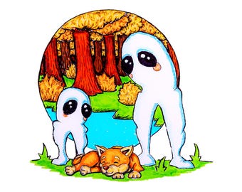 May include: Two white ghosts with large eyes stand in a forest setting with a sleeping orange and brown dog in front of them. The forest is depicted with brown trees and yellow leaves.