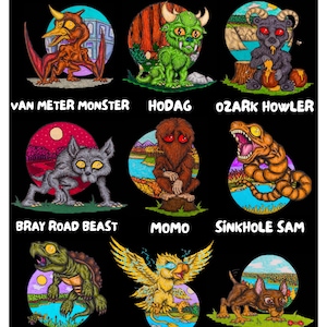 May include: A black poster titled MIDWEST CRYPTIDS featuring nine circular illustrations of creatures labelled Van Meter Monster, Hodag, Ozark Howler, Bray Road Beast, Momo, Sinkhole Sam, Beast of Busco, Thunderbird, and Dogman in colourful detail.