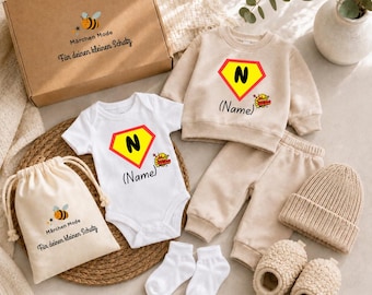 Baby Gift Box – (Super Hero Name) loving set with outfit, bodysuit, hat & socks for birth, christening or baby shower