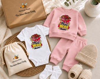 Baby Gift Box (Mini Hero with Name) – Loving Set with Outfit, Bodysuit, Hat & Socks for Birth, Christening or Baby Shower
