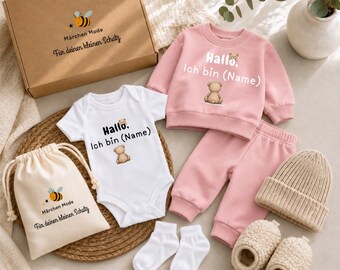 Baby Gift Box – (Name) loving set with outfit, bodysuit, hat & socks for birth, christening or baby shower