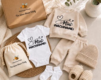 Baby Gift Box – (Super Hero Name) loving set with outfit, bodysuit, hat & socks for birth, christening or baby shower