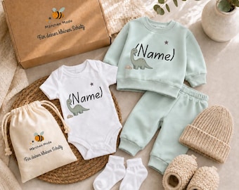Baby Gift Box – (Name) loving set with outfit, bodysuit, hat & socks for birth, christening or baby shower