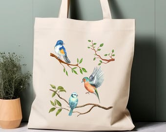 Bird Tote Bag, Bird on Branches, Bird Watcher Tote Bag, Bird Lover Tote, Gift for Girl, Gift for Woman, Bird Canvas Tote, Watercolor Bird
