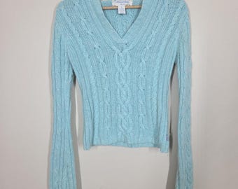 Vtg Y2K Aeropostale Aqua Pastel Cable Knit Sweater Coquette M V-Neck Angora
