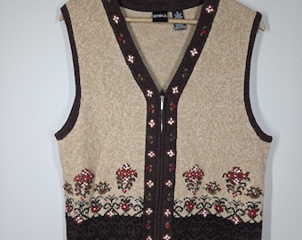 Vtg 90s Y2K Erika Tan Brown Floral Embroidered Knit Zip Up Vest Granny Forest XL