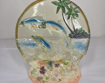 Vtg Y2K 00s Dolphin 3D Resin Sculpture Decor Ocean Tropical Fish Palm Trees