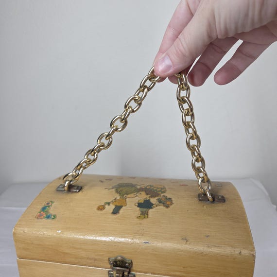 Vtg 60s 70s Decoupage Wooden Box Purse Chain Strap Flowers Mom Baby Couple View 6