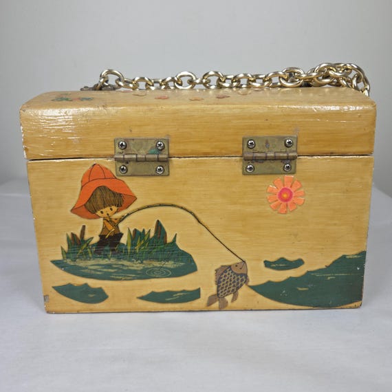 Vtg 60s 70s Decoupage Wooden Box Purse Chain Strap Flowers Mom Baby Couple View 3
