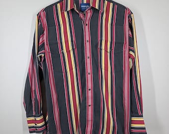 Vtg 90s Wrangler Brushpopper Black Yellow Red Stripe Pearl Snap Western M READ