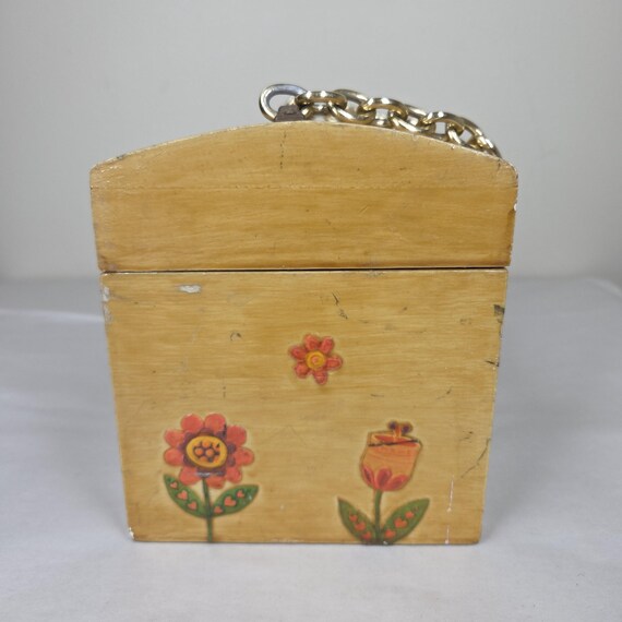 Vtg 60s 70s Decoupage Wooden Box Purse Chain Strap Flowers Mom Baby Couple View 2