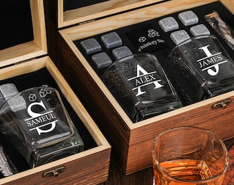 Personalisierte Whiskygläser Set | Gravierte Glastasse | Trauzeuge Vorschlag | Whiskyglas mit Holzkiste | Geschenke für Papa