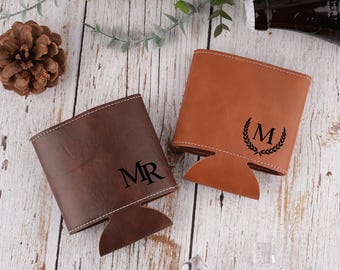Personalized Groomsmen Can Cooler: Engraved Leather Beer Holder