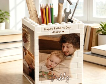 Personalized Daddy & Me Photo Brick Pencil Holder | Father's Day Gift from Kids | Dad Building Block Desk Keepsake