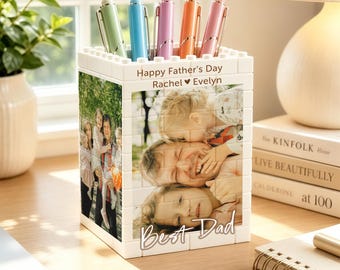 Personalized Daddy & Me Photo Brick Pencil Holder | Father's Day Gift from Kids | Dad Building Block Desk Keepsake