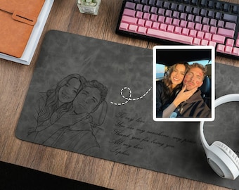 Custom Desk Mat from Photo, Personalized Line Art Mouse Pad, Gift for Husband Boyfriend, Birthday Present, Dad Gift