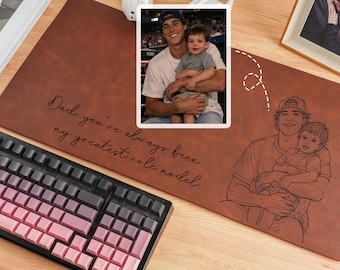 Custom Desk Mat from Photo, Personalized Line Art Mouse Pad, Father's Day Gift for Dad, Husband Boyfriend Birthday Present, Grandpa Gift