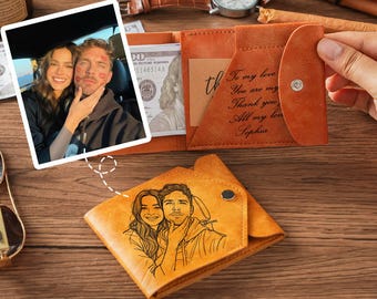 Personalized Leather Bifold Wallet, Custom Engraved Photo Gift for Him