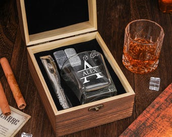 Personalized Whiskey Glass Set with Wooden Box,: Engraving Groomsmen Gifts