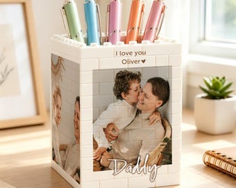 Personalized Daddy & Me Photo Brick Pencil Holder | Father's Day Gift from Kids | Dad Building Block Desk Keepsake