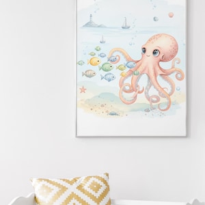 Cute Octopus Canvas Wall Art, Ocean Decor, Kids Room Decoration, Underwater Theme, Nautical Wall Art