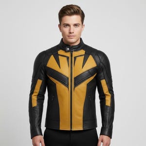 May include: Black and gold leather jacket with a stand-up collar and a front zip. The jacket features gold panels on the chest, shoulders, and sleeves, with black accents. The jacket has a tailored fit.