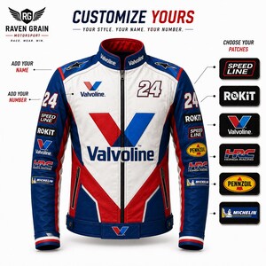 May include: A customisable motorsport jacket in white, blue, and red featuring the Valvoline logo, the number 24, and various racing brand patches. The design includes text prompts for adding a name and number, alongside a selection of patches.
